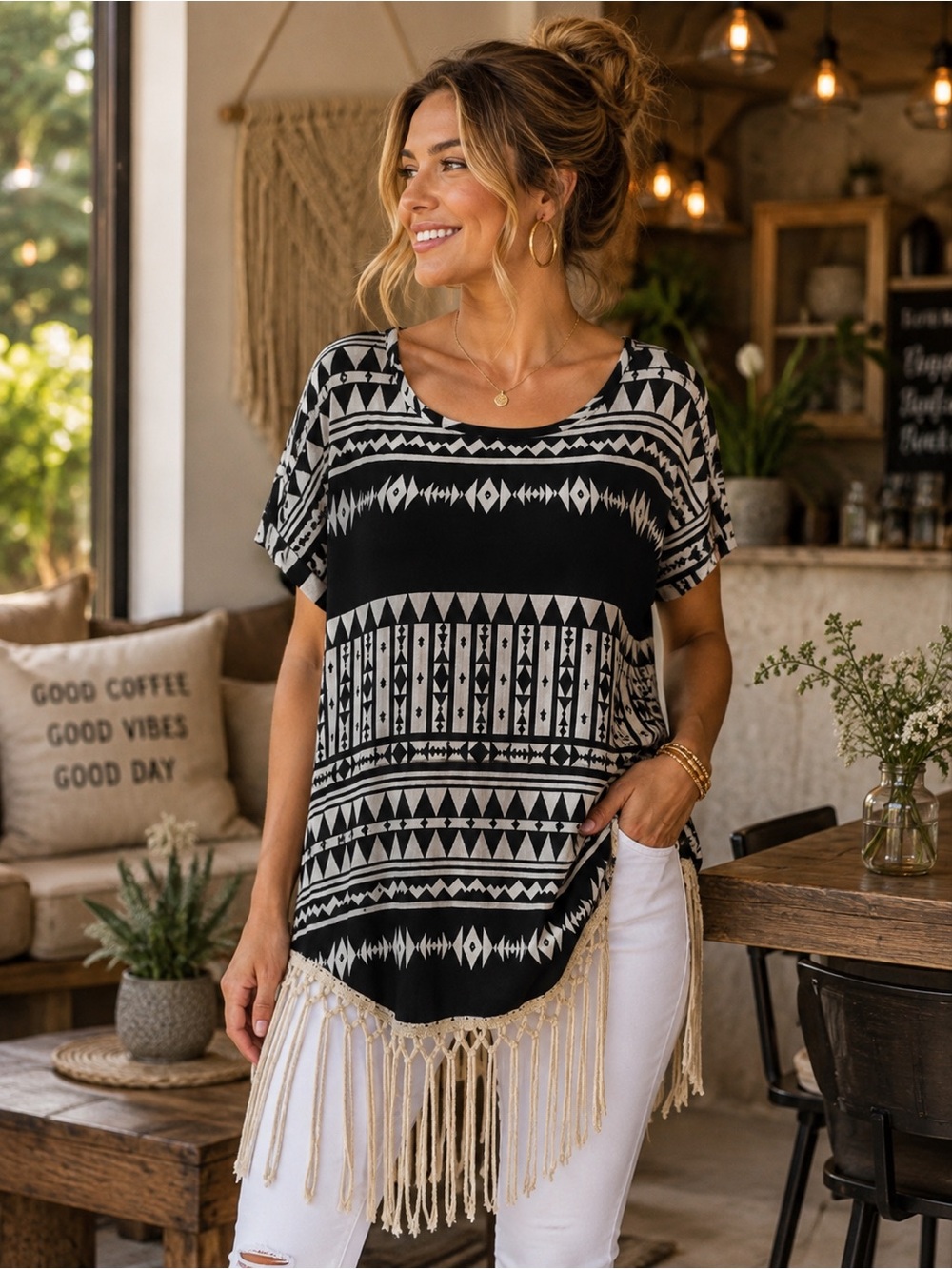 R. Rouge Aztec Fringe Tunic Boho Top Medium Black White